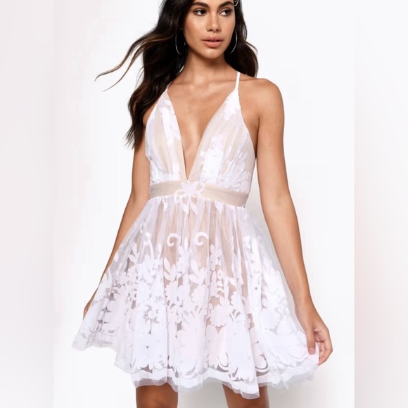 Luxxel Dresses & Skirts - LUXXEL Lace Skater Plunge Neck Mini Dress